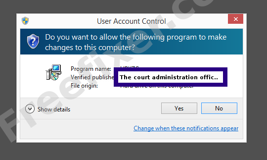 Screenshot where The court administration office appears as the verified publisher in the UAC dialog